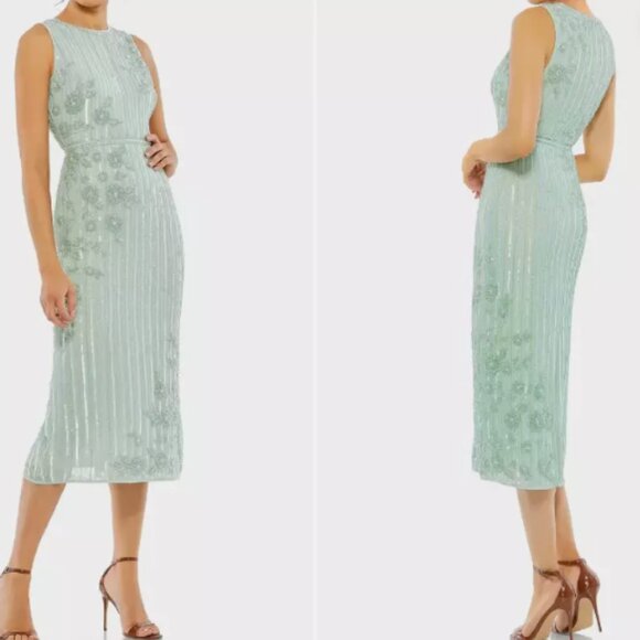 MAC DUGGAL 70260 SEQUIN STRIPE & FLORAL SEAFOAM SHEATH MIDI DRESS sz 16